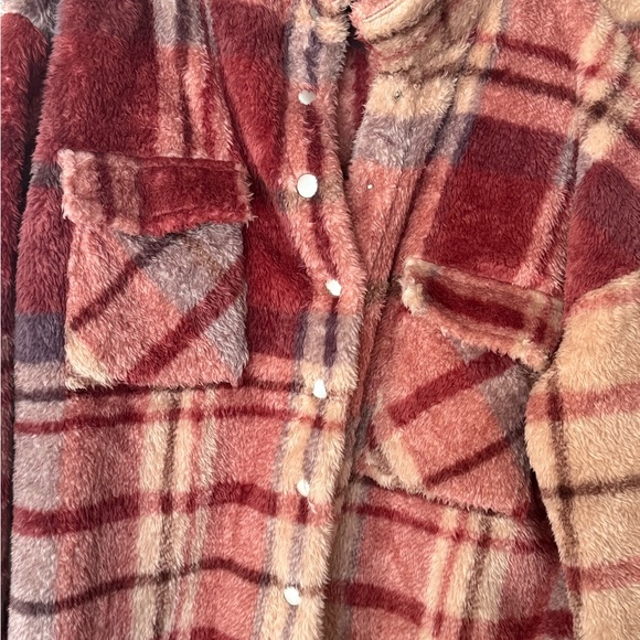 Cozy Plaid Teddy Jacket in Red and Tan - Picture 2 of 6